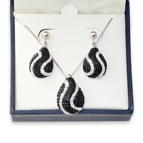Estate Sterling Silver Pendant Necklace and Earrings Set Pavé Black Rhinestone - Picture 1 of 6
